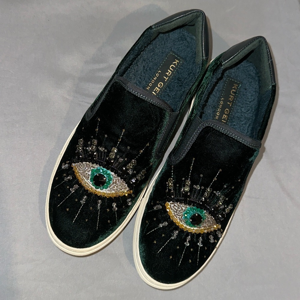 Kurt Geiger Emerald Green Slip-Ons with Eye Embellishment